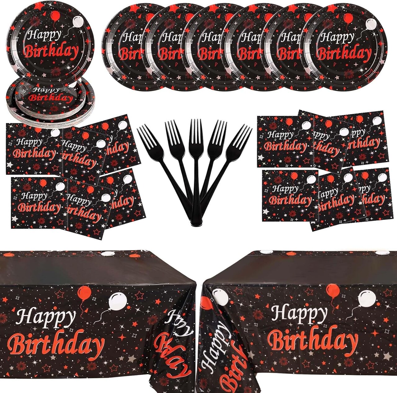 Red and Black Birthday Party Supplies, Happy Birthday Plates and Napkins Set With Birthday Tablecloth, Red and Black Birthday Decorations Serve 25 Guests